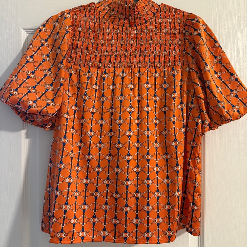 THML Orange and Black Smocked Blouse with Mandarin Collar